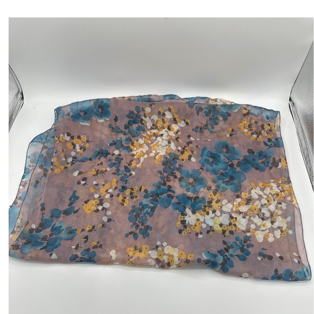 Womens Floral Sheer Lightweight Scarf Mauve Blue Yellow Rectangular Wrap